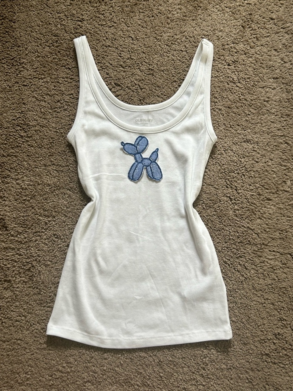 White Tank Top with Blue Balloon Dog Embroidery